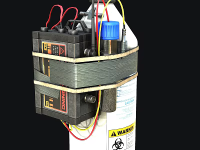 DIY Device Assembled With 12V Batteries Blue Cap Bottle Warning Label And Colored Wires 3d model