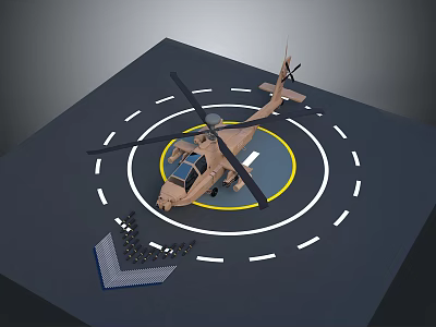 Helipad Building With Military Helicopter And Circular Yellow White Markings On Platform 3d model