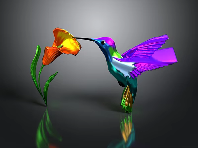 Colorful Hummingbird With Purple Wings Feeding On Orange Yellow Flower Dark Background Reflection 3d model