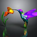 Colorful Hummingbird With Purple Wings Feeding On Orange Yellow Flower Dark Background Reflection