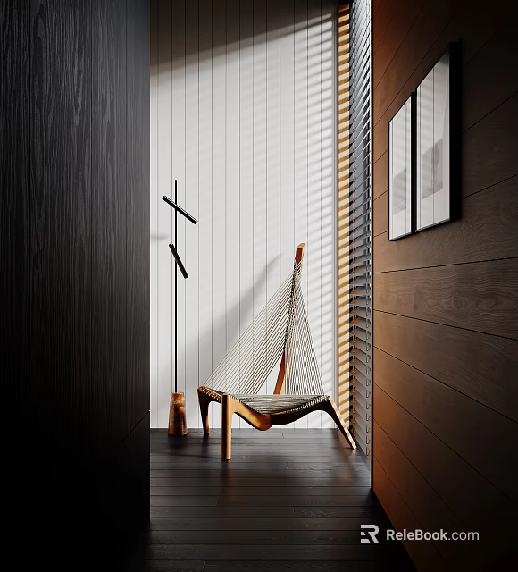 Hammock Leisure Chair with Wooden Frame in Modern Interior Wooden and White Vertical Striped Walls 3d model 