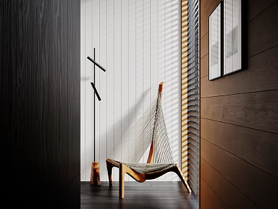 Hammock Leisure Chair with Wooden Frame in Modern Interior Wooden and White Vertical Striped Walls 3d model