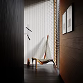 Hammock Leisure Chair with Wooden Frame in Modern Interior Wooden and White Vertical Striped Walls