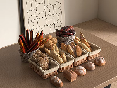 Freshly Baked Bread and Assorted Sausages Arranged in Wicker Baskets on Wooden Table 3d model