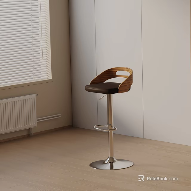 Modern Bar Stool With Wooden Backrest Black Seat And Metal Frame In Room Interior 3d model 