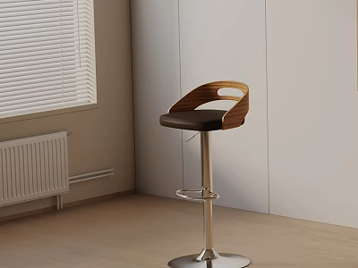 Modern Bar Stool With Wooden Backrest Black Seat And Metal Frame In Room Interior 3d model