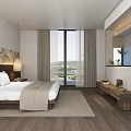 Hotel Guest Room With King Bed Wooden Bench Floor To Ceiling Windows And Scenic View
