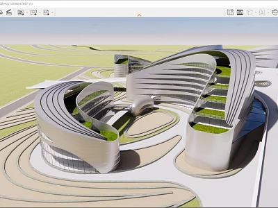 Modern Architectural Building Featuring Curved Structures Green Roofs And Landscaped Areas 3d model