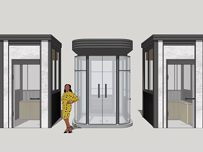 Symmetrical Building Entrance With Central Revolving Glass Door And Side Glass Doors 3d model
