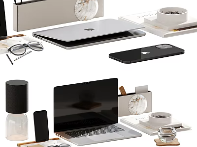Modern Minimalist Desktop Decorative Ornament Set With Laptop Phone Glasses Cup And Tray 3d model