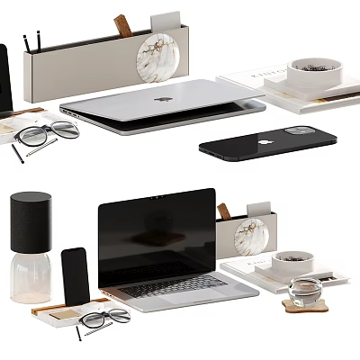 Modern Minimalist Desktop Decorative Ornament Set With Laptop Phone Glasses Cup And Tray 3d model