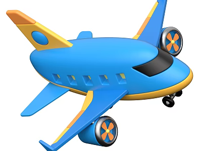 Blue And Yellow Toy Passenger Airplane With Propellers And Wheels 3d model