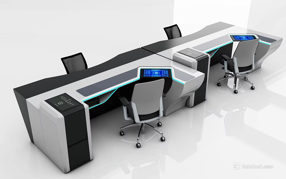 Modern Multi workstation Office Desk With Display Screens And Ergonomic Chairs In White Sleek Design 3d model 