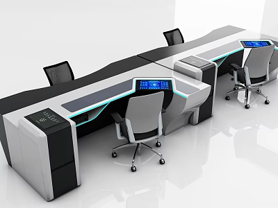 Modern Multi workstation Office Desk With Display Screens And Ergonomic Chairs In White Sleek Design 3d model