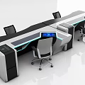 Modern Multi workstation Office Desk With Display Screens And Ergonomic Chairs In White Sleek Design