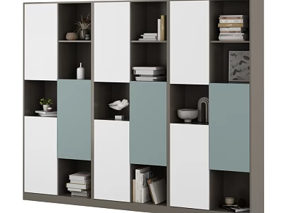Modern White and Gray Bookcase with Shelves Plants Sculpture and Decorative Items 3d model