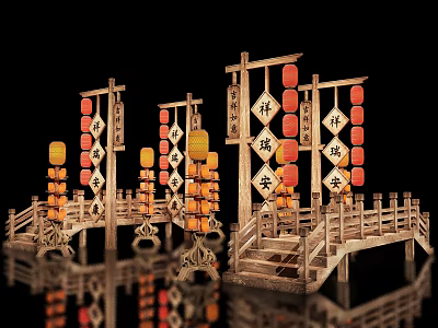 Traditional Chinese Photo Check-in Spot With Wooden Archways Red Lanterns Auspicious Plaques And Bridges 3d model