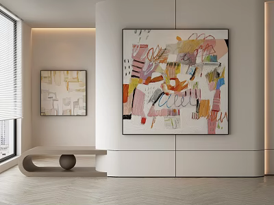 Modern Interior Design With Colorful Abstract Paintings Curved Bench And Round Decor 3d model