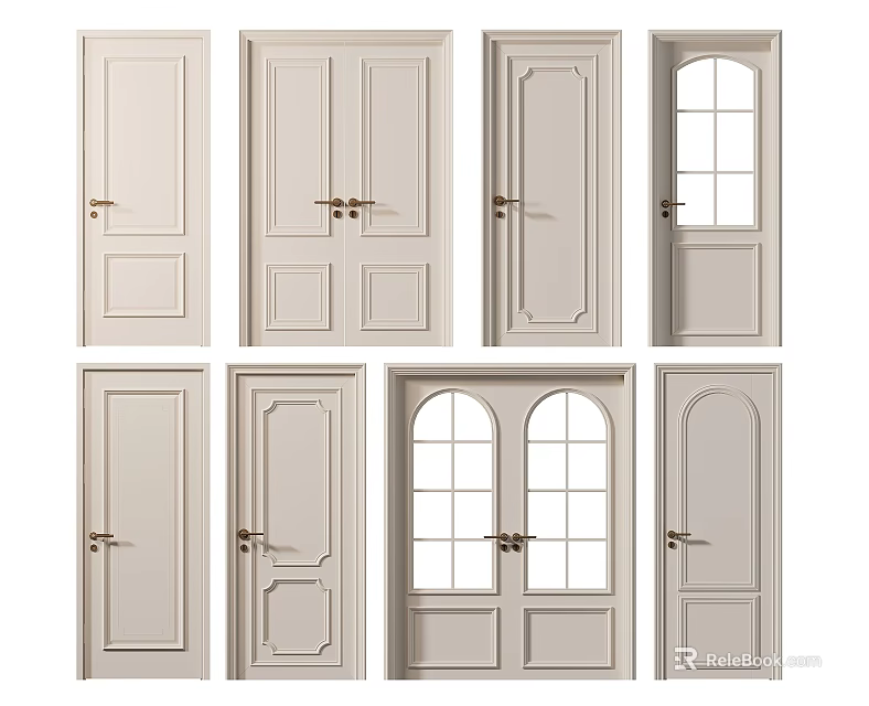 Light Colored Arched Double Doors With Glass Panels For Interior Design 3d model