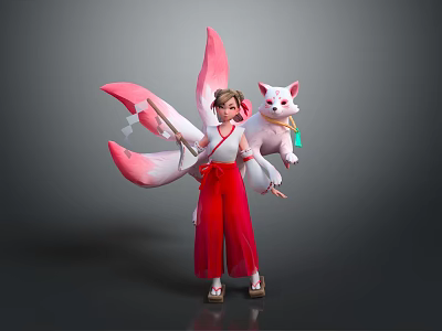 Traditional Female Character In Red White Robe With Pink Fox Tails And White Feline Creature 3d model