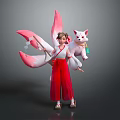 Traditional Female Character In Red White Robe With Pink Fox Tails And White Feline Creature