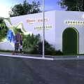 Modern Green Community Fence Decorated with Lush Plants in Night Scene and Pedestrians