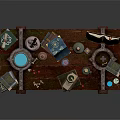 Wooden Table With Alchemy Tools Open Book Vials Scrolls And Magical Items