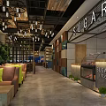Modern Cyber Cafe Interior With Blue Comfortable Seats Multiple Monitors Hanging Lamps And Wooden Bookshelves