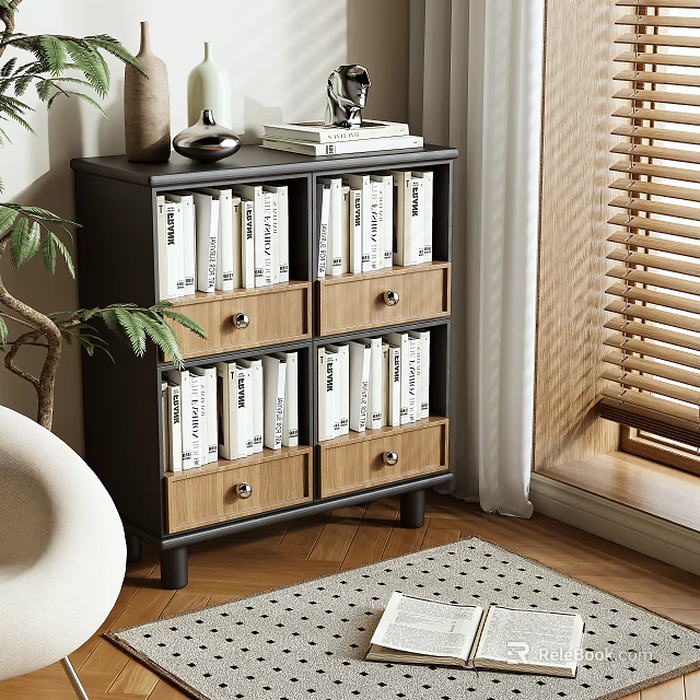 Black Wooden Bookcase With Multiple Shelves And Drawers Indoor Plant Near Window With Blinds 3d model 