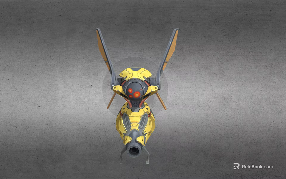 Futuristic Yellow And Gray Mechanical Creature With Wings And Red Eyes 3d model 