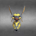 Futuristic Yellow And Gray Mechanical Creature With Wings And Red Eyes