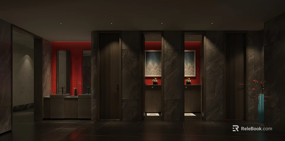 Modern Public Toilet Interior With Red Walls Marble Partitions And Mirrors 3d model 