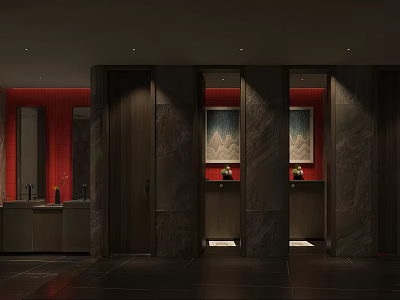 Modern Public Toilet Interior With Red Walls Marble Partitions And Mirrors 3d model