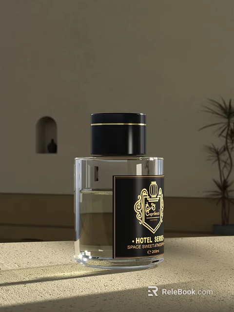 Luxury Hotel Sher Perfume Bottle With Transparent Glass Body Black Cap And Golden Emblem 3d model 