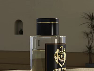 Luxury Hotel Sher Perfume Bottle With Transparent Glass Body Black Cap And Golden Emblem 3d model