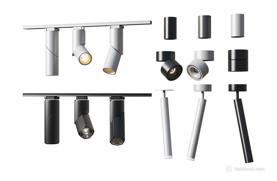 Modern Downlights And Spotlights With Track Mount Design In Black Silver Colors 3d model 