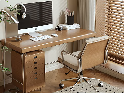 Modern Wooden Desk With Computer Monitor Keyboard Mouse Headphones Pen Holder Camera And Books 3d model