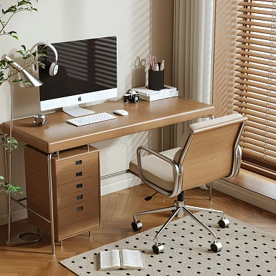 Modern Wooden Desk With Computer Monitor Keyboard Mouse Headphones Pen Holder Camera And Books 3d model