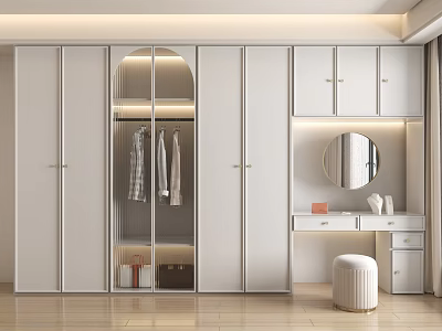 Modern White Wardrobe With Glass Door And Side Dressing Table Mirror Stool 3d model