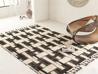 Square Area Rug With Black White Geometric Pattern And Tassel Edges In Modern Living Room 3d model