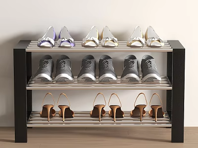 Stylish Multi Tiered Shoe Rack With Metal Frame Organizing Sneakers High Heels And Flats 3d model