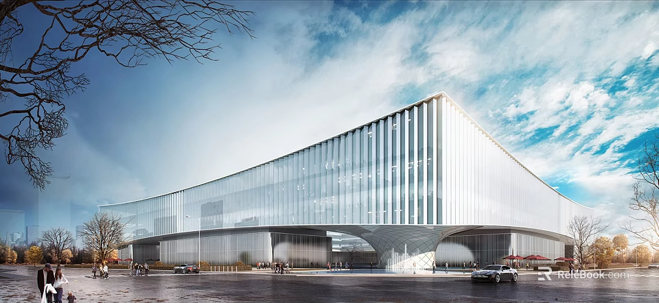 Modern Contemporary Office Building Featuring Glass Facade Streamlined Design Open Entrance And Urban Surroundings 3d model 