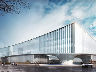 Modern Contemporary Office Building Featuring Glass Facade Streamlined Design Open Entrance And Urban Surroundings 3d model