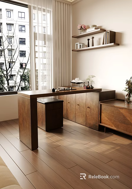 Modern Wooden Tea Cabinet Interior With Window Potted Plants And Tea Sets 3d model 