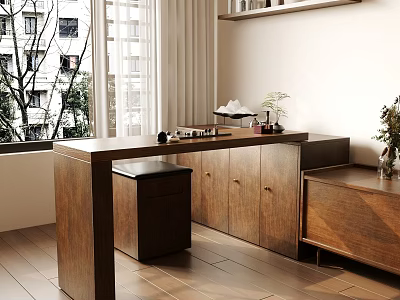 Modern Wooden Tea Cabinet Interior With Window Potted Plants And Tea Sets 3d model