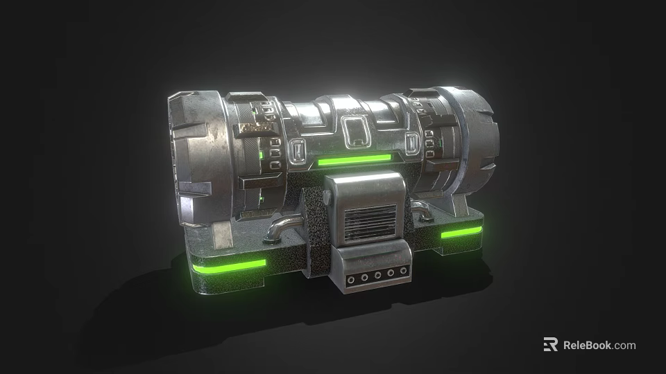 Futuristic Mechanical Device With Silver Metallic Structure And Green Glowing Accents 3d model 