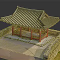Traditional Korean Pavilion With Gray Tiled Roof And Red Columns By Stone Wall