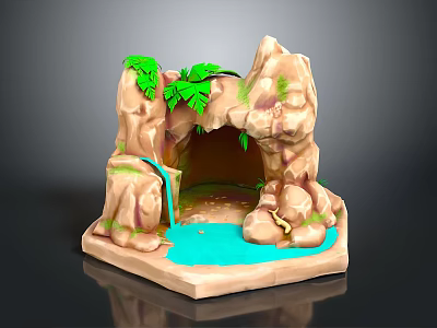 3D Decorative Landscape Model With Rocky Formation Small Waterfall Blue Pond And Green Ferns 3d model
