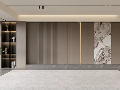 Modern Living Room Interior With Vertical Striped Walls Decorative Painting Open Shelving And Recessed Lighting 3d model