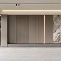 Modern Living Room Interior With Vertical Striped Walls Decorative Painting Open Shelving And Recessed Lighting
